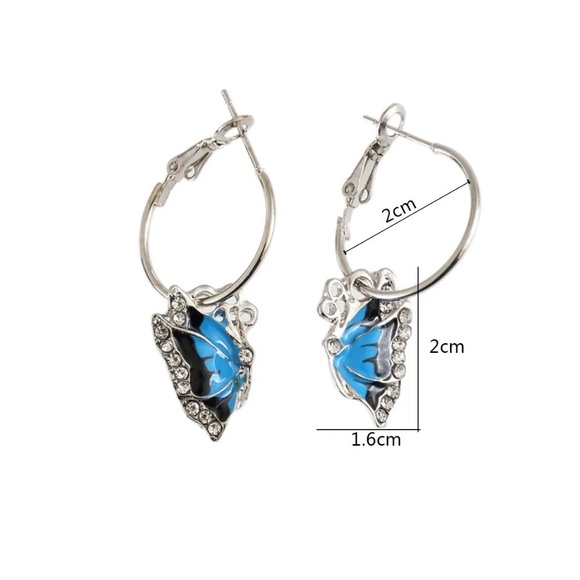 NEW Women Blue Enamel Butterfly Crystal Silver Plated Hoop Huggie Earrings Gift - Picture 2 of 2